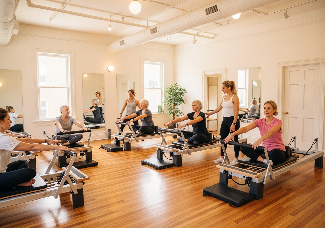 Modern fitness studio interior with natural lighting